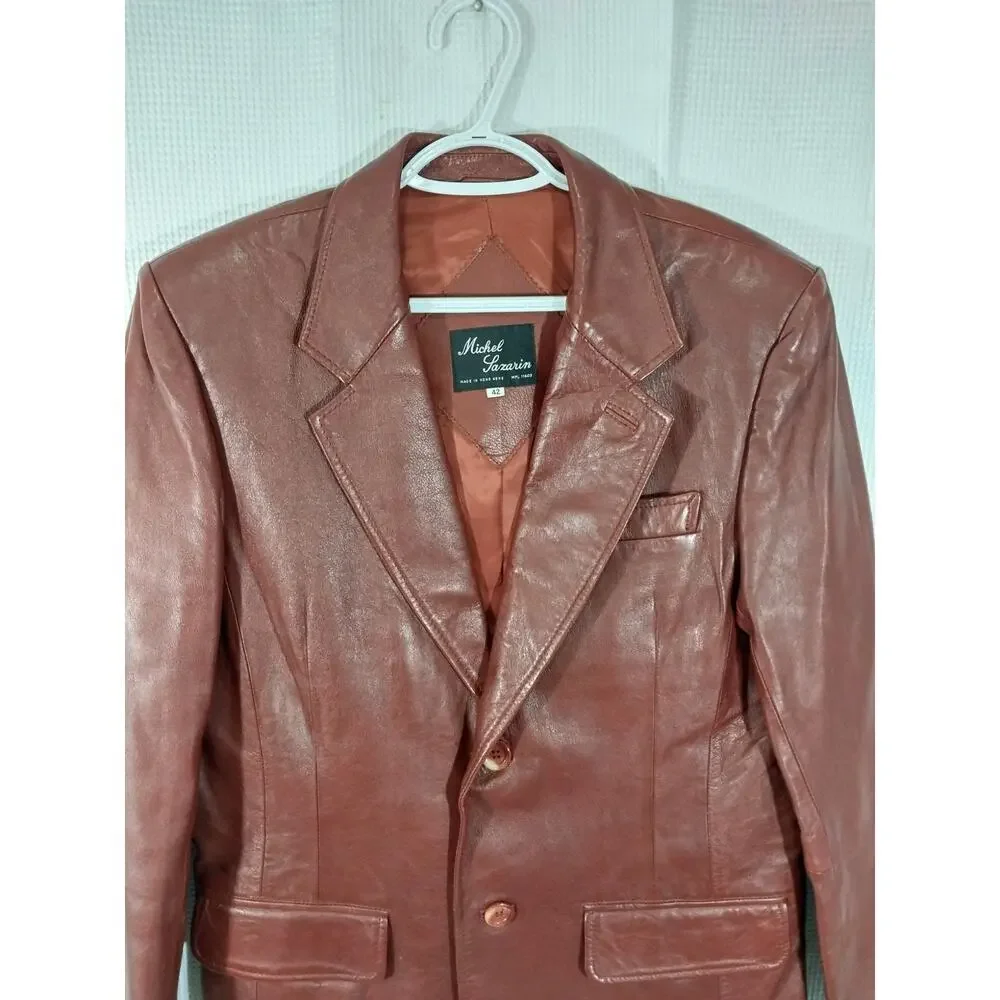 MICHEL SAZARIN! GORGEOUS BURGUNDY BROWN/RED GENUINE LEATHER JACKET BLAZER! SZ 42